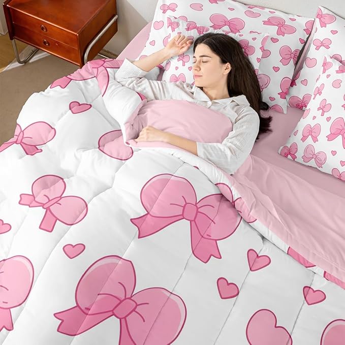 Feelyou Pink Bowknot 7 Piece Bedding Set Cartoon Bow Comforter Set with Sheets for Kids Boys Girls Cute Love Heart Bed in a Bag White Pink Bed Set Soft Lightweight
