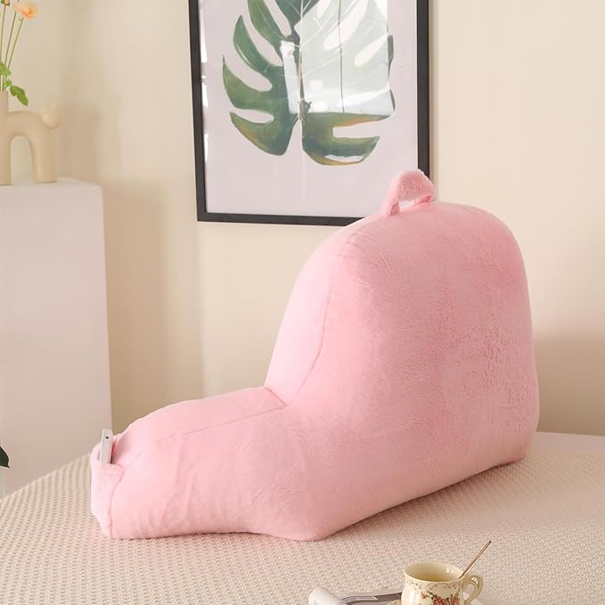 Reading Pillow for Sitting in Bed, Large Backrest Reading Pillow with Arm Rest,Back-Rest Support Cushion for Sit Up on Couch, Sofa, and Floor, Dorm Essentials (Pink Faux Fur, Large(19"))