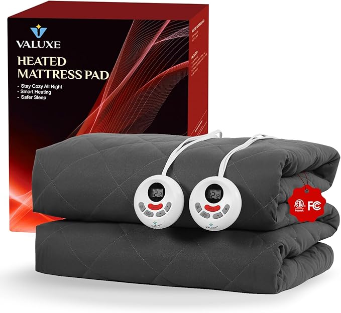 Heated Mattress Pad Queen Size Quilted Zone Heating Electric Bed Warmer Comfort Heat Mattress Pad Cover Dual Controller(10 Heat Setting | 1-12 Hours Auto Shut Off | with 8-21 Inch Deep Pocket) Gray