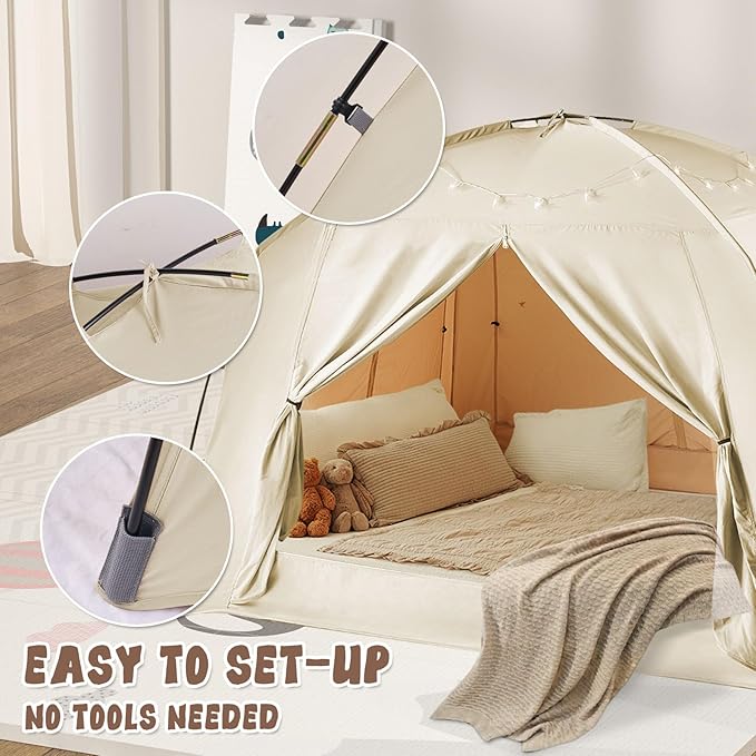 Bed Tents for Kids and Adult, Portable 100% Breathable and 85% Blackout Toddler Dream Play Tent, 3 Doors Privacy Space Sleeping Canopy for Indoor Floor or Twin Full Queen Sizes Bed (Khaki, Full-Size)