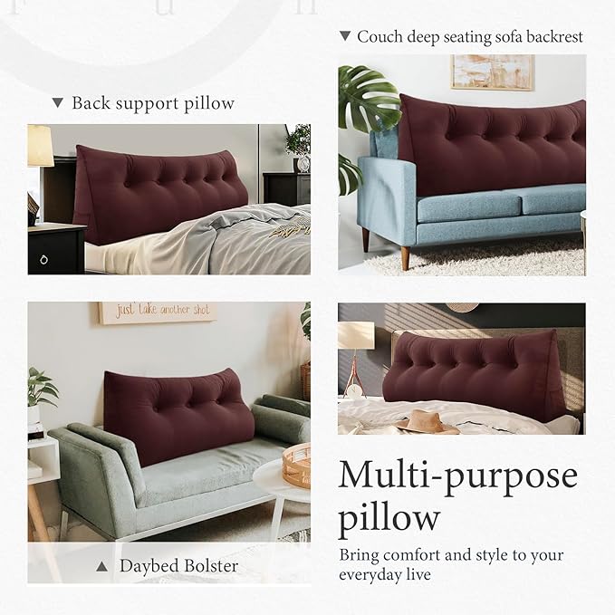 Headboard Wedge Pillow Large Reading Pillow Twin Size Bed Rest Back Support Pillow for Sitting up in Bed Daybed Couch Backrest Cushion Velvet Chocolate Brown