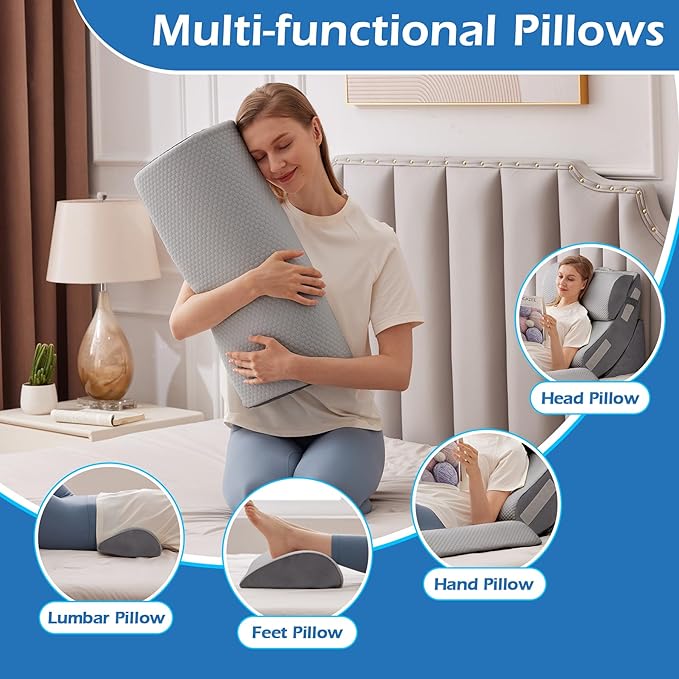6PCS Orthopedic Bed Wedge Pillow Set for Sitting up in Bed, Memory Foam Post Surgery Pillow for Back Pain Relief, Back Support Pillow for Acid Reflux Relief, GERD, Anti Snoring (Grey)