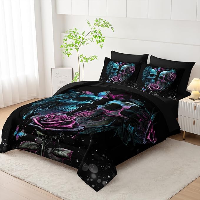 Black Skull Comforter Set 7 Piece Twin Size Bed in A Bag,Goth Bedding for Room Decor,Soft Western Comforter Boho Hippie Bedding with Fitted Sheet,Flat Sheet, Pillowcases & Shams