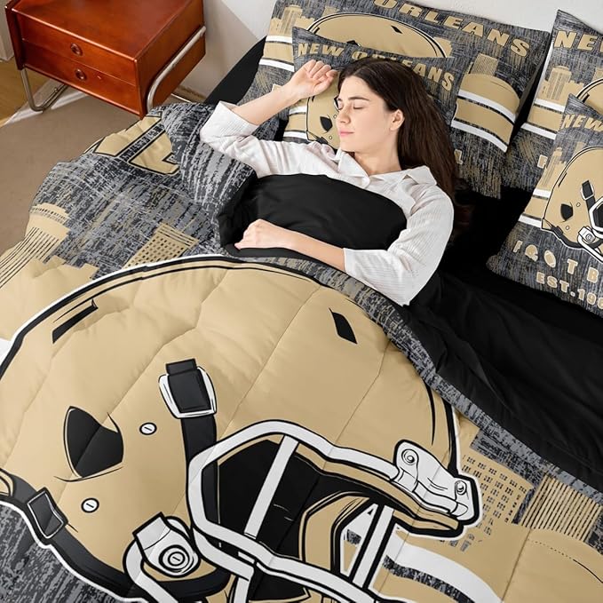 Erosebridal Classic Football City Sports Bedding Set for Boys Men Women Gridiron Bed in A Bag,Rugby Decor City Silhouette Comforter Sets with Sheets Retro Grunge Brown Bed Set King