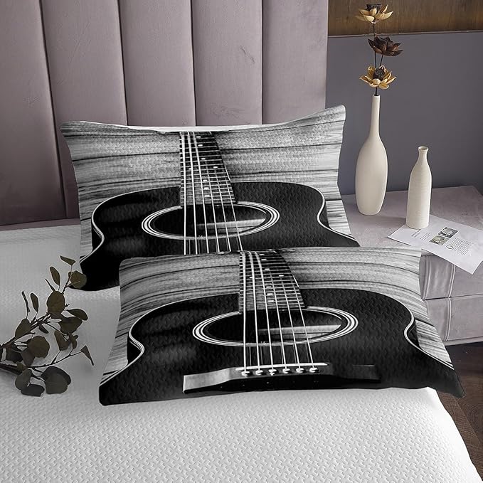Erosebridal Guitar Bedding Set Music Bedspread, Vintage Guitar on Wooden Floor Design Quilt for Kids Adult, Bedroom Decor (1 Bedspread and 2 Pillowcases) King, Soft Bedclothes, Black Grey