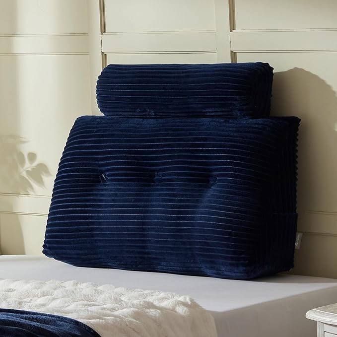 Headboard Wedge Pillow + A Long Neck Roll Pillow Body Pillow,Large Headboard Pillow with Removable Cover (Blue, Twin:39x8x20 inches)