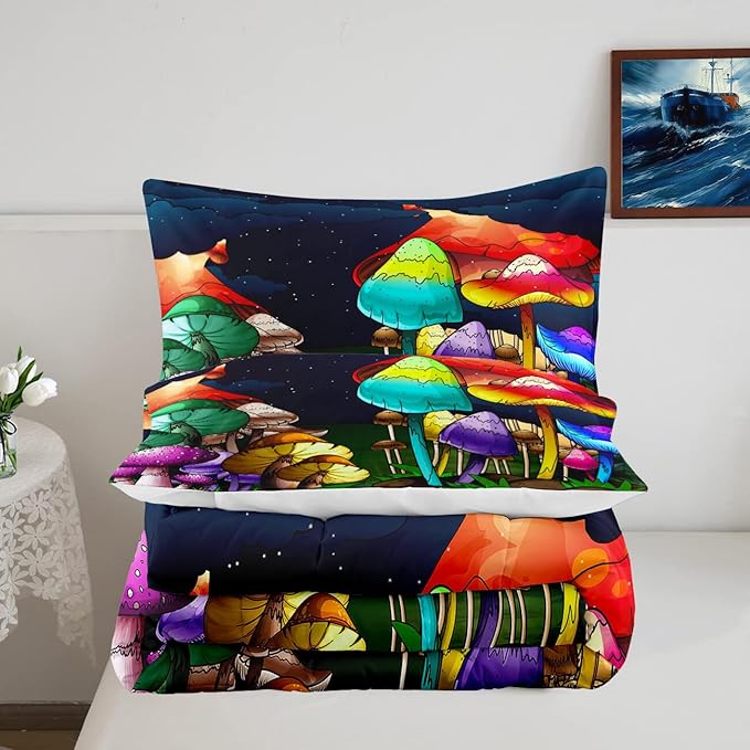 Mushroom Comforter Set Queen Size, Cute Mushroom Patterns Bedding Sets for Boys Bedroom, Girls Ultra Soft Comforter Set Queen Size 3Pcs with Pillowcases