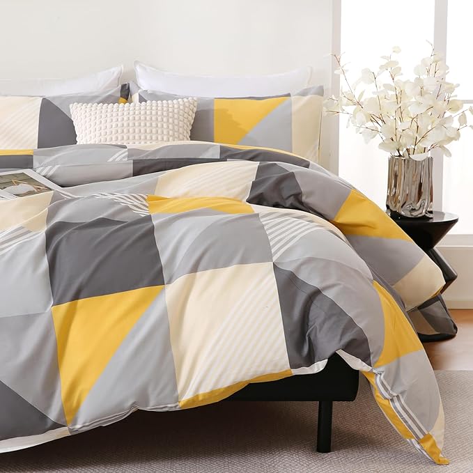 Yellow and Grey Duvet Cover Set King Size, 100% Natural Cotton Geometric Duvet Cover 3 Piece Soft Breathable Bedding Set for All Seasons