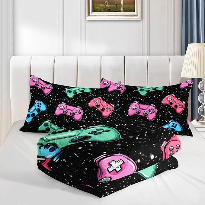 Colorful Gamer Console Comforter 3Pcs Queen Games Contoller Bedding Set for Kids Teens Boys Girls Adults 3D Video Game Gamepad Quilt Room Decor with 1 Comforter and 2 Pillowcases