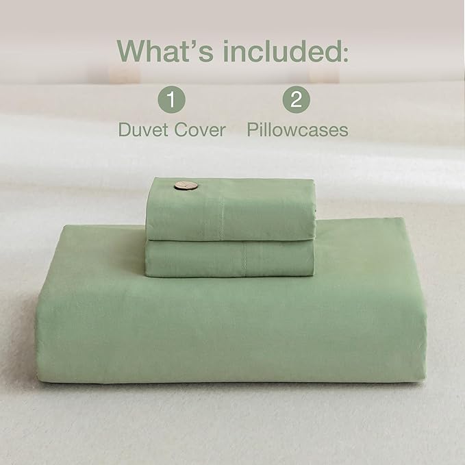 JELLYMONI Cotton Duvet Cover Queen Size - Light Green Comforter Cover with Button 100% Washed Cotton 3PCS Breathable Soft Solid Bedding Set Duvet Cover 90×90in & 2 Pillowcases (NO Comforter)