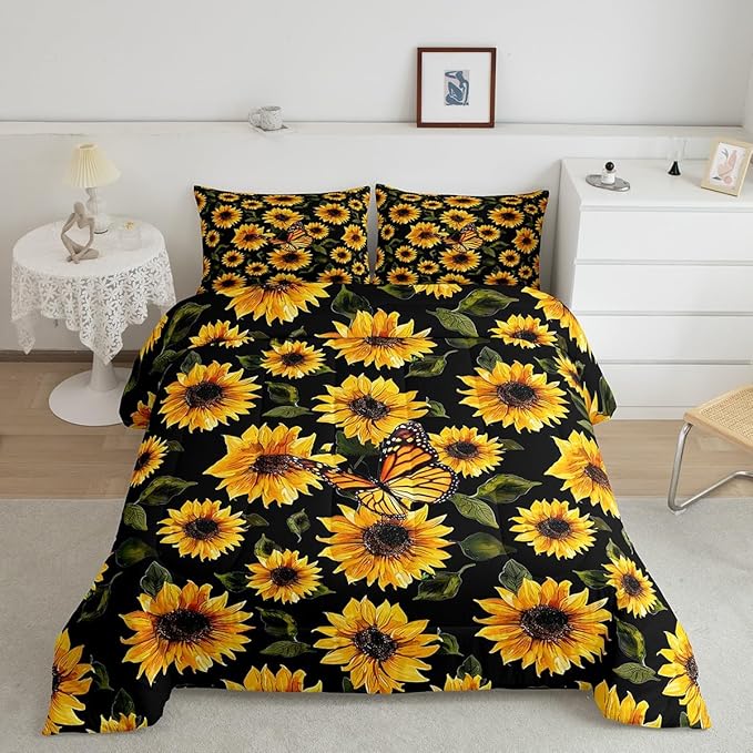 Feelyou Sunflower Bedding Set Girls Yellow Floral Butterfly Comforter Chic Flowers Pattern Comforter Set for Kids Teens Botanical Nature Duvet Set Ultra Soft Room Decor Toddler Size…