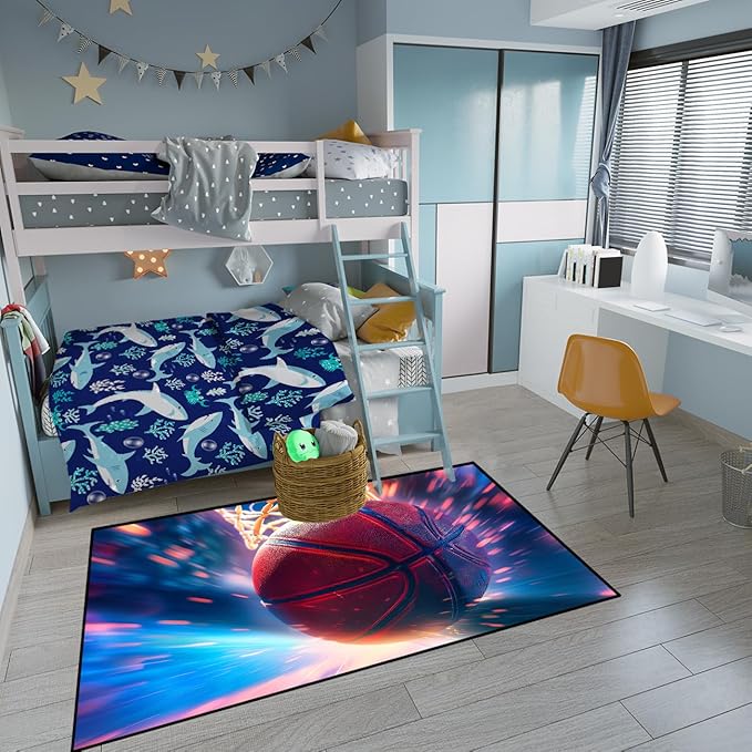 Basketball Rug for Boys Bedroom - Sports Rugs for Boys Bedroom, Sports Themed Carpet for Teens Kids Basketball Carpet for Living Room Floor Mat, Blue, 2.5x4 Feet