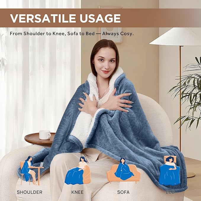 Westinghouse Electric Throw Blanket, Flannel Sherpa Heated Throw with 6 Heating Levels and 2-10 Hours Auto-Off, Flower Jacquard Heated Blanket, Fast Heating & ETL Certification, 50" x 60" Inch, Blue