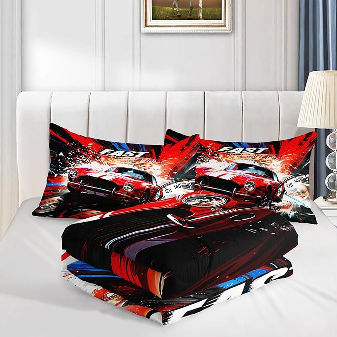 Red Racing Car Themed Comforter 3Pcs Twin Cool Speed Sports Car Fast and Furious Bedding Set for Kid Teen Girl Boy Adult Extreme Sport Game Quilt Bed Decor with 1 Comforter and 2 Pillowcases