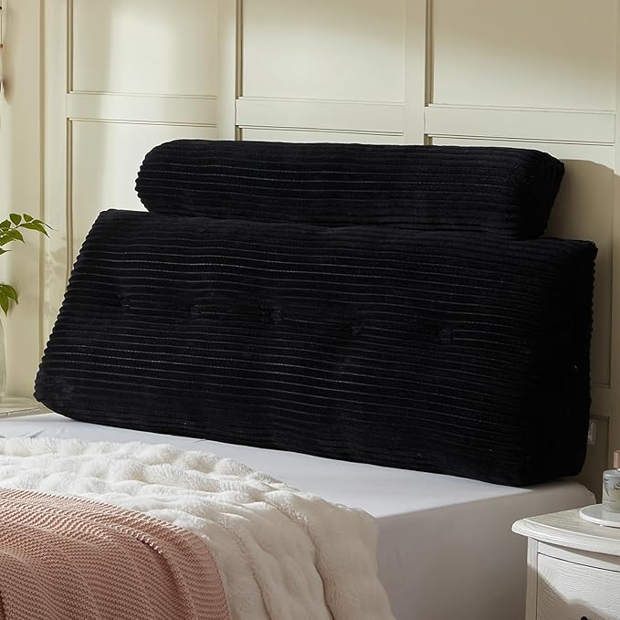 Headboard Wedge Pillow + A Long Neck Roll Pillow Body Pillow,Large Headboard Pillow with Removable Cover (Black, Queen:59x8x20 inches)