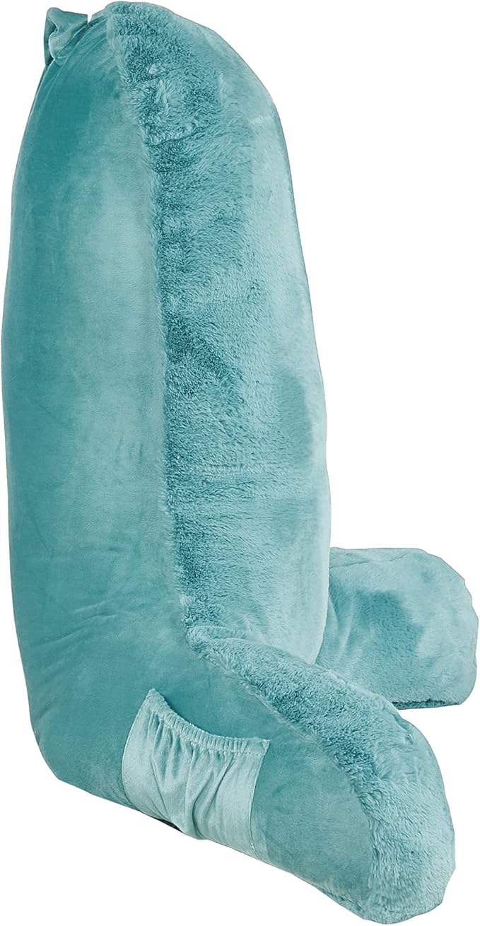 Faux Fur Assembly Need DIY Extra Large Backrest Reading Bed Rest Pillow with Arms and Pockets for Sitting in Bed Couch Sofa, Removable Cover & Filling Seprated, 28" x 30" x17", Aqua Blue