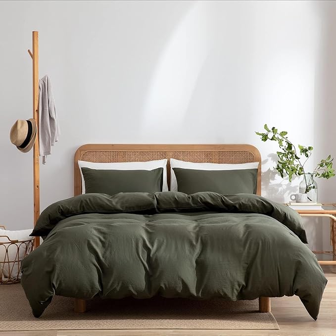 Jane yre Dark Green Duvet Cover Queen, 100% Washed Microfiber 3 Pieces Dark Green 1 Duvet Cover +2 Pillowcases with Zipper Closure, Soft Natural Slight Wrinkled Comfy