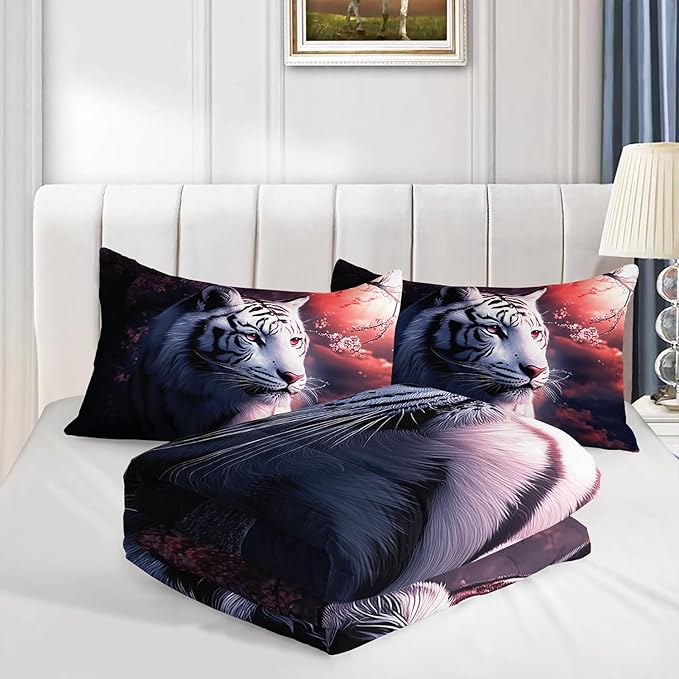 White Tiger Wild Animal Floral Comforter 3Pcs Twin 3D Safari Animal Hunting Theme Flower Bedding Set for Kid Teen Boy Girl Adult Cherry Blossoms Quilt Decor with 1 Comforter and 2 Pillowcases