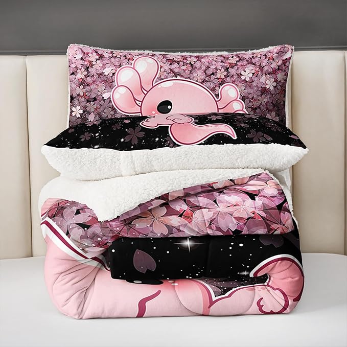 QOOMO Cartoon Axolotl Sherpa Fleece Comforter Set Girls Kawaii Bedding Set Twin Size for Kids Teens Cute Cherry Blossoms Bedding Design 3 Piece with 1 Comforter 2 Pillowcases