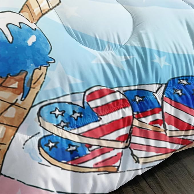 Gnome Bedding Set for Kids Boys Girls, American Flag Comforter Set Full Size for Festival Celebration, Red Blue Star Quilt with 2 Pillowcases