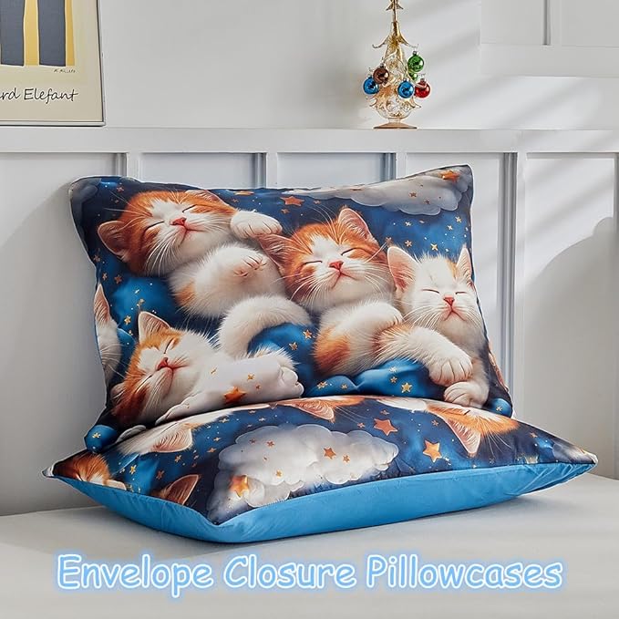 Kids Twin Comforter Set for Boys and Girls, 3 Pieces Cat Comforter with 2 Pillowcases, Microfiber Kitty Twin Bedding Set for Kids Teens Washable Lightweight Super Soft for All Season, Blue
