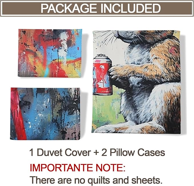Rabbit Duvet Cover Twin Street Graffiti Rabbit Bedding Set 2 Piece for Kids Bedroom Fun Animal Comforter Cover with Zipper Ties & 1 Pillowcases