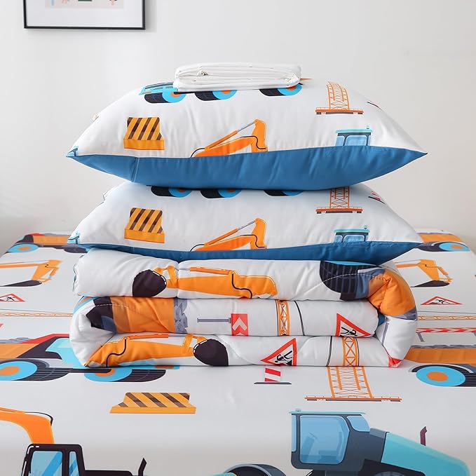 7 Pieces Boys Comforter Set Full Size Excavator Bedding Set Cartoon Car Kids Bed in a Bag Construction Truck Bedding for Children Kids Boys Teens for Birthday Choice