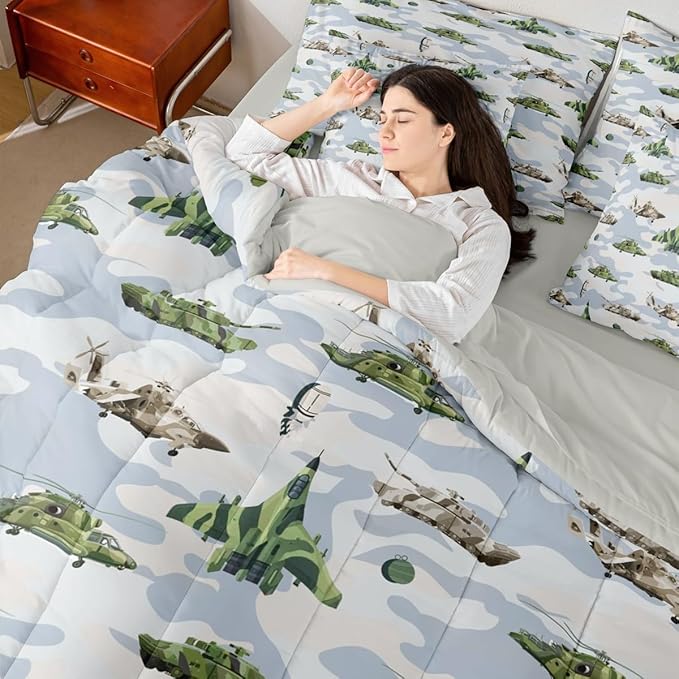 Feelyou Army Military 7 Piece Bedding Set Camouflage Print Comforter Set with Sheets for Kids Boys Girls Tank Aircraft Bed in a Bag Army Green Bed Set Soft Lightweight