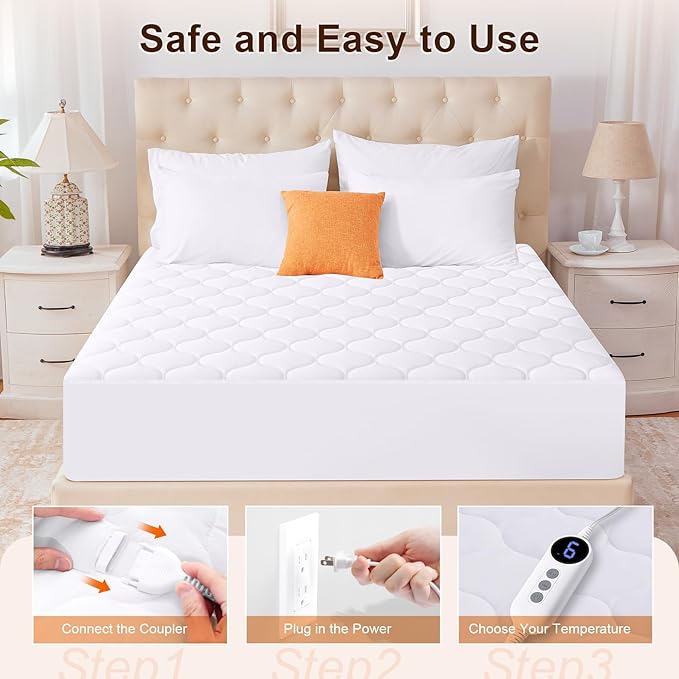 HYLEORY Heated Mattress Pad Cal King Size Dual Control, Fast Heating Bed Warmer, Electric Mattress Pad Cover with Deep Pocket 9 Heat Settings, 10 H Auto Shut Off, Machine Washable, White 72"*84"