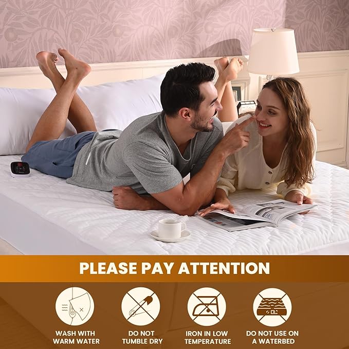 Bearhug Electric Heated Mattress Pads Queen Size Dual Controllers 60”×80” Waterproof Bed Warmer 21” Deep Pocket 10 Heat Settings 12-Hour Timer Machine Washable White