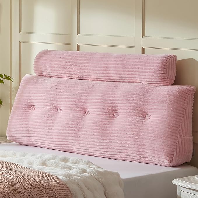Headboard Wedge Pillow + A Long Neck Roll Pillow Body Pillow,Large Headboard Pillow with Removable Cover (Pink, Queen:59x8x20 inches)
