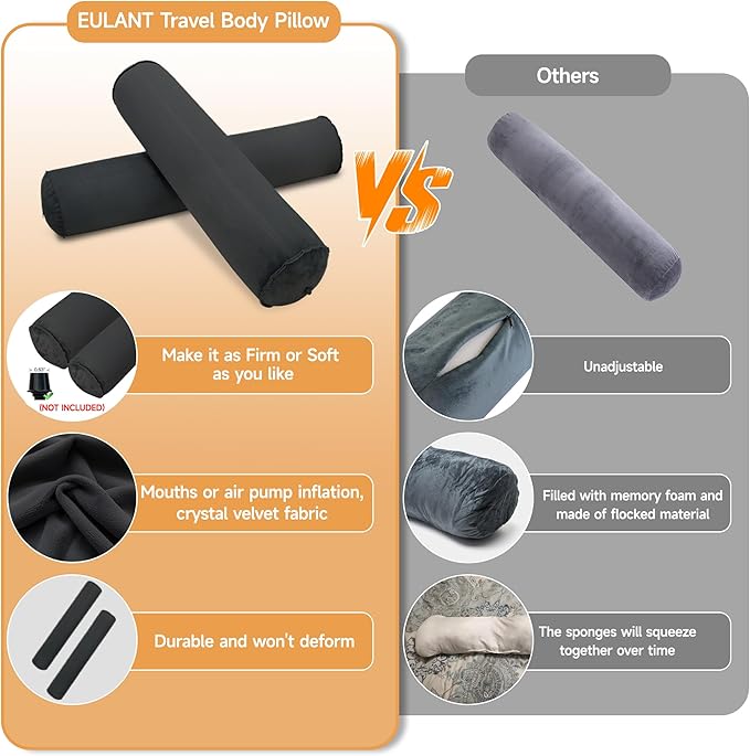 EULANT 47inch Inflatable Long Bolster Body Pillow for Adults Pregnant,Travel Body Pillow Hug Pillow for Bed,Round Cervical Roll Cylinder Bolster Pillows for Hugging Sleeping,Back etc