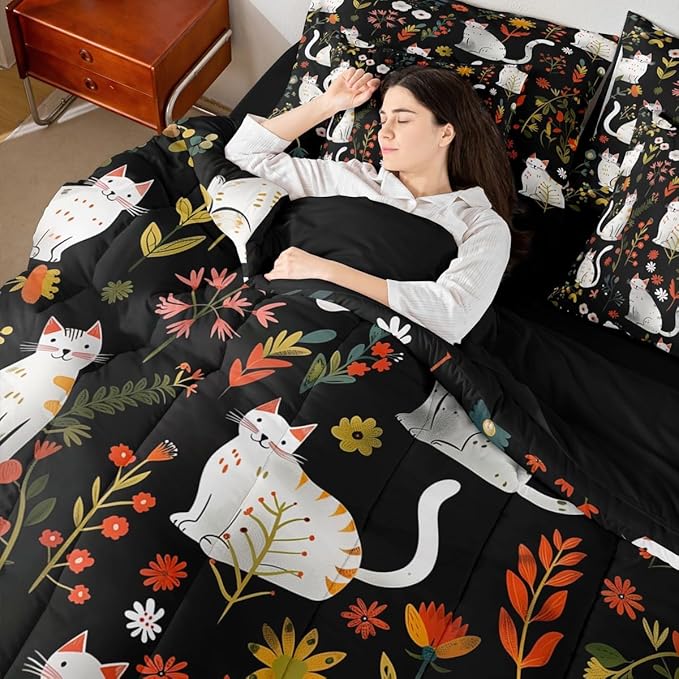 Feelyou Cute Cat 7 Piece Bedding Set Floral Flower Comforter Set with Sheets for Kids Boys Girls Nature Plants Bed in a Bag Black Colorful Bed Set Soft Lightweight