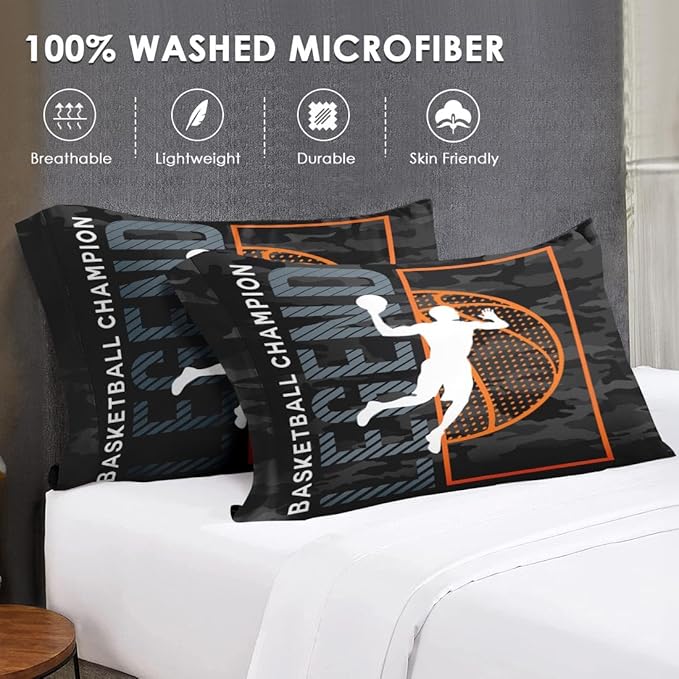 Queen Size Comforter Set with 2 Pillowcase, Vintage Basketball Sport Black Soft 3 Pcs Bedding for Kids and Adults, Bed Decor Urban Comforter Set for Room Bedroom
