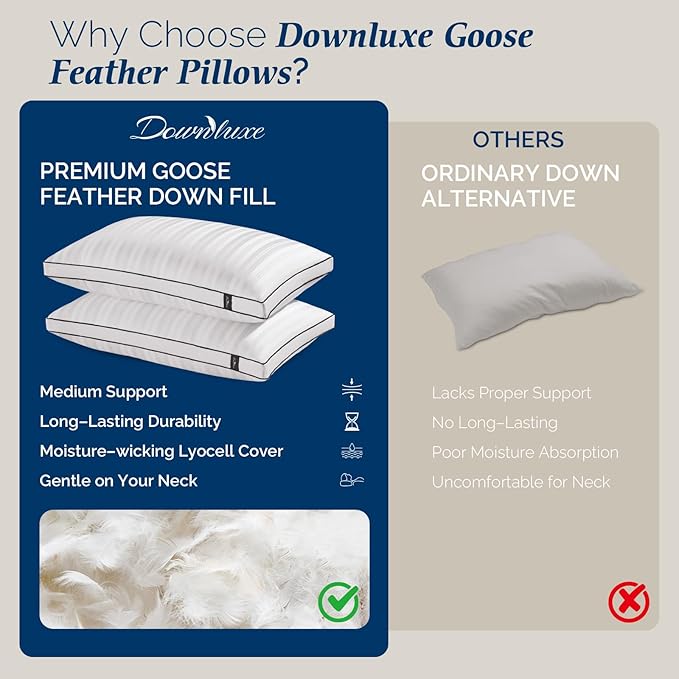 downluxe Goose Feather and Down Pillows - 2 Pack Gusseted Hotel Collection Feather Pillows for Back, Stomach or Side Sleepers, Bed Pillows King Size Set of 2 (18"x34"x2")