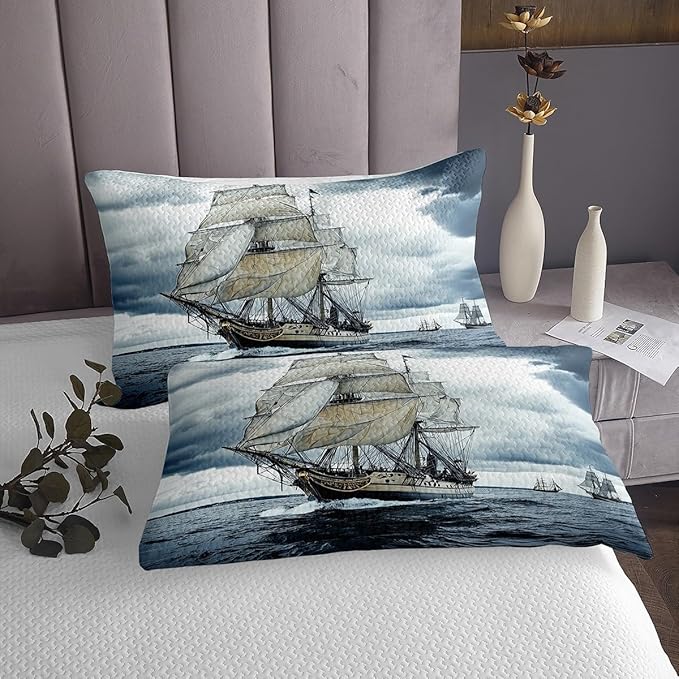 Erosebridal Nautical Coverlet Set King Size Retro Sailboat Bedspread for Girls Boys Youth Young Man,Ocean Theme Bedding Set Ocean Boat Quilt Set,Vintage Style White Sails Bedroom Decor