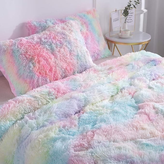 Wajade Faux Fur Plush Rainbow Comforter Set Fluffy Fuzzy Shaggy Bedding Set - 3PC Full/Queen Microfiber Soft Warm Quilt Set