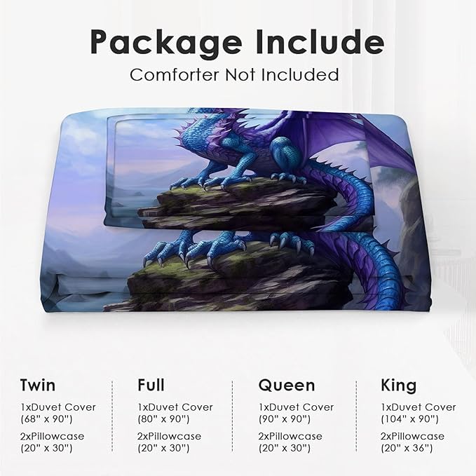 Dragon Bedding Set 3 Pieces Twin Size Purple Dragon Duvet Cover Comforter Cover Sets for Boys Girls Teens Women