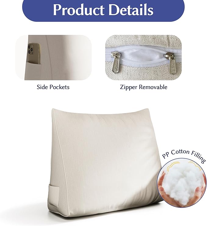 WOWMAX Back Pillow for Bed Sitting up-Bed Wedge Pillow Back Support Pillows for Bed & Sofa Couch, 85% Linen 15% Cotton Blend, White