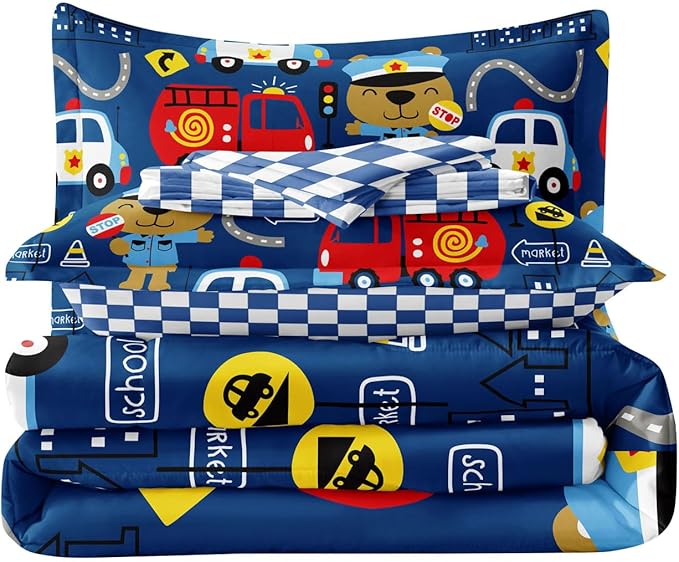 Kids Cop Car Comforter Set for Little Boys, Fire Truck Police Car Bedding Set, City Traffic Bedding Collection Include (1 Comforter, 2 Pillowcases, 1 Fitted Sheet, 1 Flat Sheet), Blue