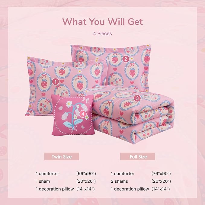 Full Size Comforter Set for Girls - 4 Pieces Pink Strawberry Full Bedding Sets for Kids,1 Comforter, 2 Shams and 1 Decor Pillow