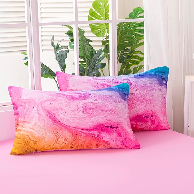 6Pcs Pink King Comforter Set for Girls Kids, Tie Dye Colorful Watercolor Marble Bedding Set King(1 Comforter, 1 Flat Sheet, 1 Fitted Sheet, 1 Cushion Cover, 2 Pillowcases)