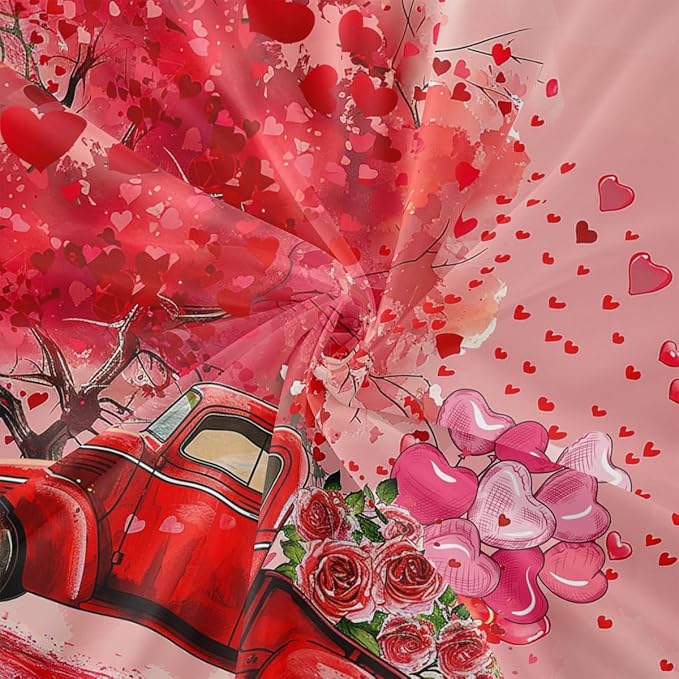 Valentine's Day Duvet Cover Set Twin Size,Red Truck Heart Tree Bedding Set for Kids Girls Women Couple Room Decor,Pink Rose Flowers Trailer Comforter Cover Romantic Gifts Quilt Cover 2pcs
