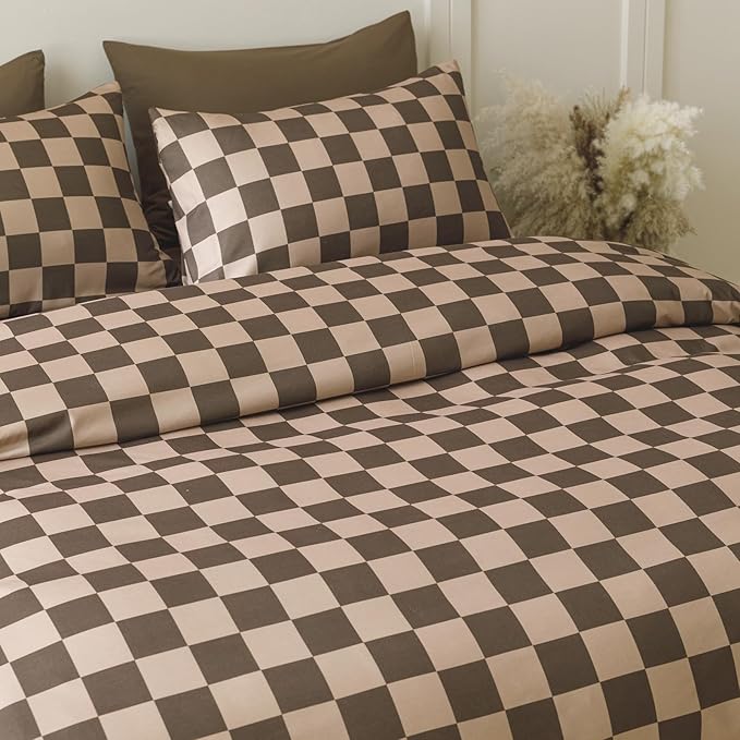 Wellboo Brown Plaid Comforter Sets Twin Size Dark Brown and Cream Coffee Checkerboard Grid Bedding Comforters Cotton Women Men Modern Taupe Checkered Geometric Quilts Soft Luxury Brown Abstract Bed