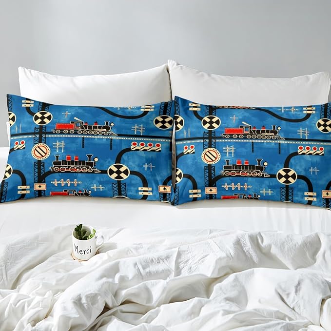 Erosebridal Cartoon Train Bedding Sets King for Toddler Kids Boys Vintage Steam Engine Comforter, Travel Railway Track Transportation Bedding Construction Traffic Signs Retro Car Decor Quilt