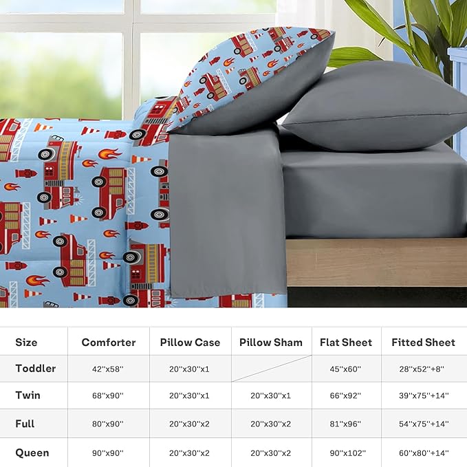 Nesker 5 Pcs Comforter Set Twin Size, Red Fire Engine Bedding for Kids Teen, Fire-Fighting Trucks Vehicle Bed Sheet with Pillowcase & Sham