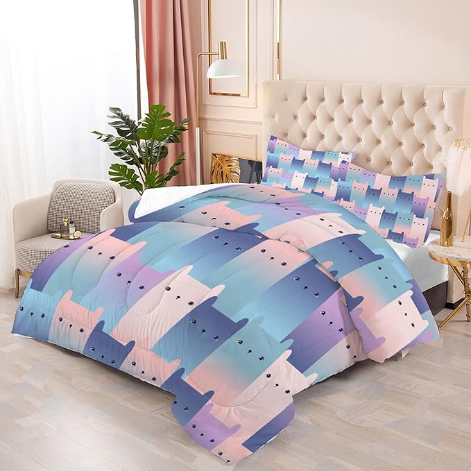 Cat Comforter Set Full: Kawaii Gradient Cats Print Bedding Set Full Size for Teen Girls Kids Room Decor Blue Pink Cute Kittens Quilt Bed Sets 1 Comforter & 2 Pillowcases