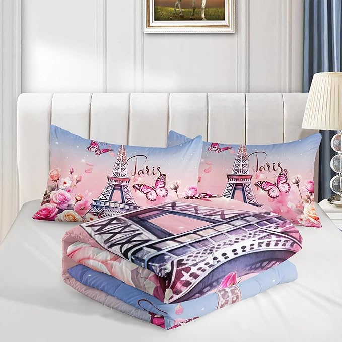 Paris Eiffel Tower Comforter 3Pcs Butterfly Bedding Queen Tie-Dyed Rose Star Bedding Set for Kid Teen Girl Boy Adult Bed Decor Colorful Flora Quilt with 1 Comforter and 2 Pillowcases