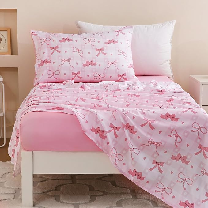 Toddler Comforter Set for Kids, Boys, Girls, 4 Pieces Bed-in-a-Bag Bedding Set, All Season Ultra Soft Sheets Set with Comforter, Pink Bow