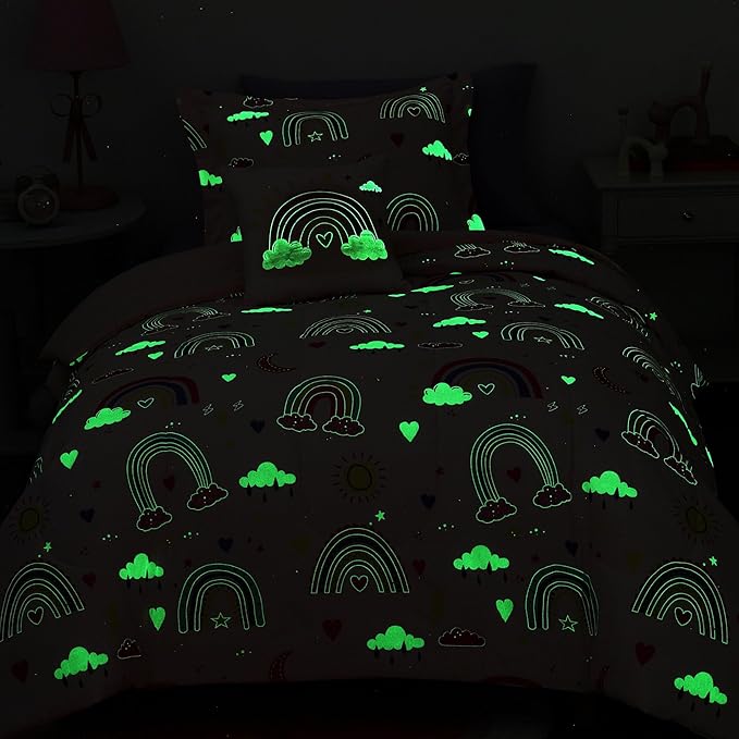 Twin Comforter Set for Girls-3 Pieces Pink Rainbow Glow in The Dark Twin Bedding Sets for Kids,1 Comforter,1 Sham and 1 Decor Pillow